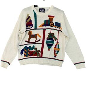Vtg Holiday Traditions Women's M Christmas Sweater Ivory Ramie Cotton Blend